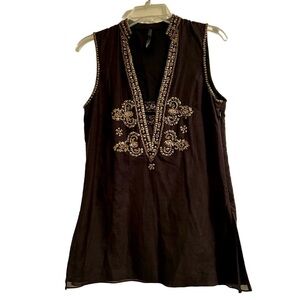Kay Celine Black Gold Embellished Silk Cotton Tunic Blouse Size S